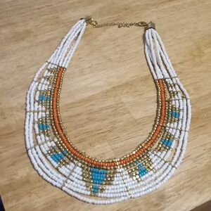 Vintage Tanjore India Beaded Bib Necklace Blue Turquoise Gold Brass Tone